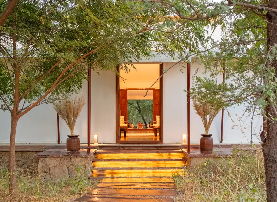 A lit entrance to guest accommodation among trees